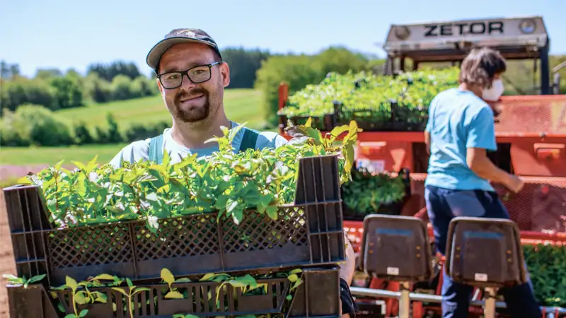 Ein Mann hält zwei Kästen mit geernteten Produkten auf einem Feld.