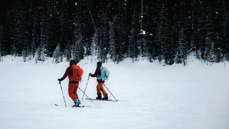 Zwei Skifahrer mit Rücksäcken gehen durch tiefen Schnee in einem Waldgebiet.